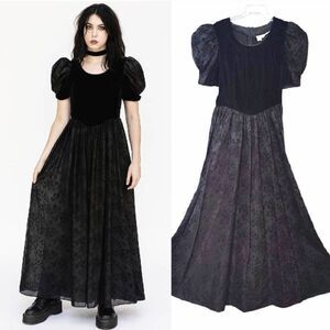 80s Black Velvet Floral Taffeta Puff Sleeve Prom Dress Size 10 *Fits like SZ 6